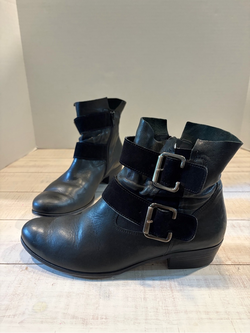 Paul Green Denver Black Leather Double Buckle Ankle Boots Size 7.5